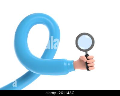 Cartoon Gesture Icon Mockup.Cartoon character hand in medical glove holding magnifier.3D rendering on white background.long arms concept. Stock Photo