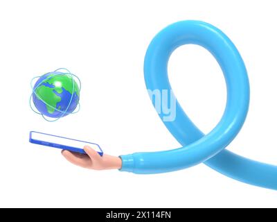 Flat 3d isometric businessman hand holding smartphone with world and global network. internet connection and global communication concept.long arms co Stock Photo