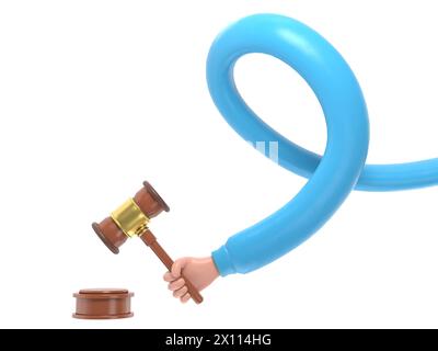 Cartoon Gesture Icon Mockup.Justice. Hand holding judges gavel. 3D illustration flat style design. Symbol of law. Businessman in a suit holds an aucti Stock Photo