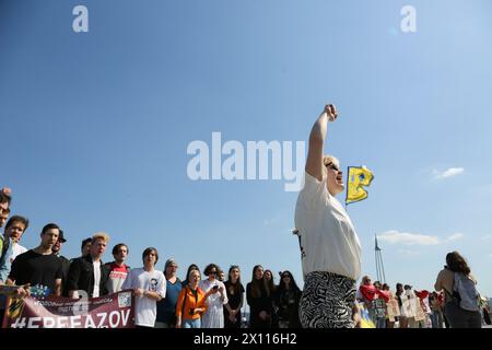 Odessa, Ukraine. 14th Apr, 2024. A protester shout slogans during the rally on Langeron beach. A rally “Don't be silent captivity kills” was held on Lanzheron beach, the essence of which was to draw the attention of the public and authorities to prisoners who are in the Russian Federation. Credit: SOPA Images Limited/Alamy Live News Stock Photo