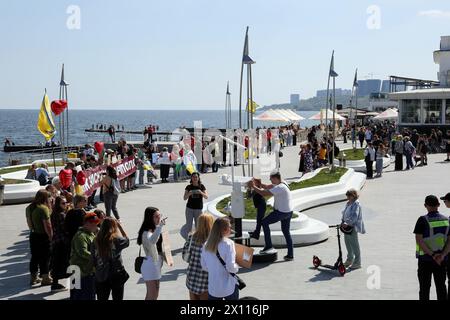 Odessa, Ukraine. 14th Apr, 2024. General view of the rally on Lanzheron beach. A rally “Don't be silent captivity kills” was held on Lanzheron beach, the essence of which was to draw the attention of the public and authorities to prisoners who are in the Russian Federation. Credit: SOPA Images Limited/Alamy Live News Stock Photo