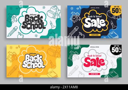 Back to school sale vector banner set. Welcome back to school greeting and sale text with pencil, bag, books and clock doodle elements for educational Stock Vector