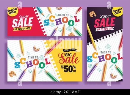 Back to school sale vector banner set. School greeting text and shopping promotion lay out collection for educational bundle brochure and flyers Stock Vector