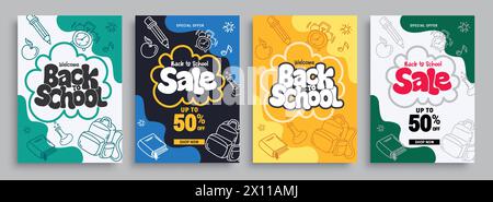 Back to school sale vector poster set. Welcome back to school greeting and sale text with pencil, bag, books and clock doodle elements for educational Stock Vector