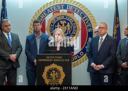 New York, United States. 14th Apr, 2024. U.S. Senator Kirsten Gillibrand held a press conference at the Detectives' Endowment Association in lower Manhattan to announce the introduction of her new bipartisan bill, the Providing Child Care for Police Officers Act, which would provide $24 million in federal funding for child care services to support the men and women who put their lives on the line to keep our communities safe. (Photo by Ron Adar/SOPA Images/Sipa USA) Credit: Sipa USA/Alamy Live News Stock Photo