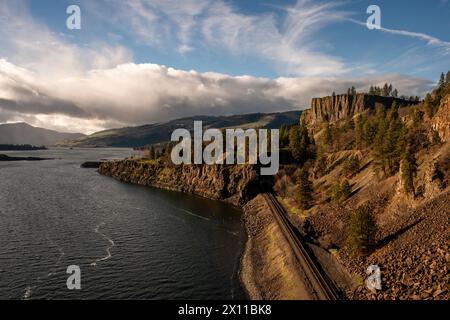 This is the Columbia River Gorge from an overlook near Lyle, Washington. Stock Photo