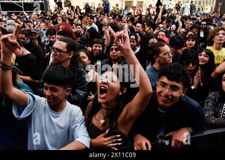 Bogota, Colombia. 12th Apr, 2024. Fans take part during the Paz Rock concert in Bogota, Colombia on April 12, 2024. Photo by: Cristian Bayona/Long Visual Press Credit: Long Visual Press/Alamy Live News Stock Photo