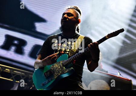 Bogota, Colombia. 12th Apr, 2024. Panteon Rococo plays during the Paz Rock concert in Bogota, Colombia on April 12, 2024. Photo by: Cristian Bayona/Long Visual Press Credit: Long Visual Press/Alamy Live News Stock Photo