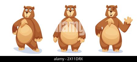 Cute big brown bear cartoon character. Vector illustration set of standing grizzly mascot in different poses - with waving paw gesture, hand on heaps and front view. Forest animal with fluffy fur. Stock Vector