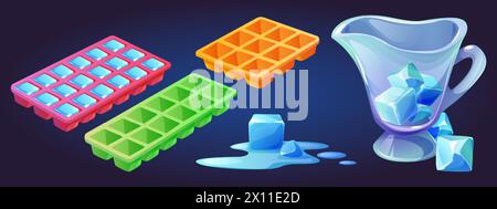 Plastic tray for ice cube making, melting frozen water block and glacier pieces in glass pitcher. Cartoon vector illustration set of pink, orange and green silicone equipment icebox for freezer. Stock Vector