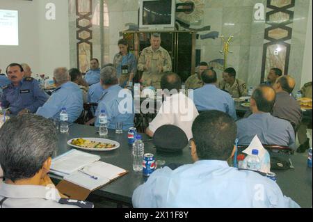 Brig. Gen Carter Ham, Multinational Brigade-North commander, speaks to a group of senior members of Iraq's security forces about the future of security in Iraq during a conference in Mosul ca. May 31, 2004 Stock Photo