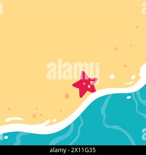 Copy space Sandy beach with sea wave and starfish. Summer banner template, summertime background. Summer design template, vector illustration. Vacation concept Stock Vector