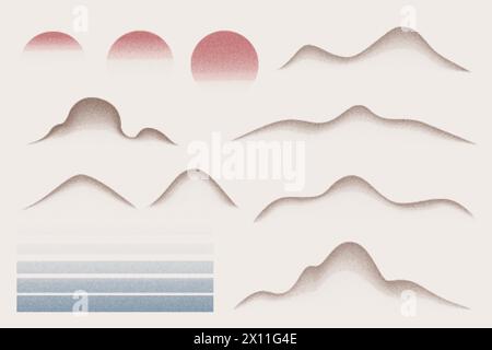 Grainy gradient mountains sun and sea vector set of elements. Dotted spray halftone effect with dust texture. Grunge moon and dissolve fade landscape Stock Vector