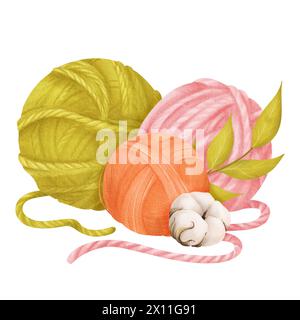 composition of multicolored yarn skeins in green, pink, and orange, adorned with soft cotton flowers and greenery branches. Watercolor for crafting Stock Photo