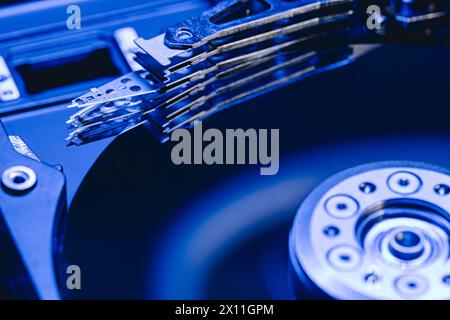 hdd. data storage drive without shield cover. inside closeup view. Stock Photo