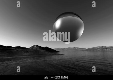 Glass sphere flying over the sea, alien UFO landing Stock Photo