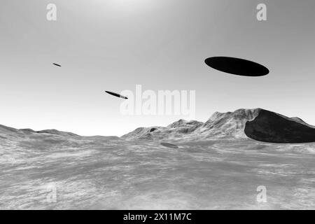 UFO alien spaceships flying over mountains in the daylight. 3D rendering illustration of three unidentified flying objects Stock Photo