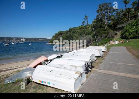Forty Baskets beach and reserve, with yachts moored in middle harbour and dinghies stored on the beach,Sydney,NSW,Australia Stock Photo