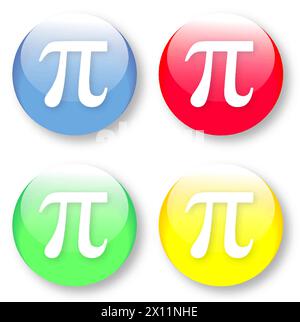 Mathematics PI vector glassy blue, red, yellow and green buttons isolated over white background Stock Vector