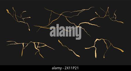 Gold kintsugi. Crack vector isolated elements on white backdrop. Golden texture. Broken ground pattern effect. Damaged glass background. Earthquake Stock Vector