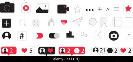 Social media Instagram interface set buttons, icons: home, camera, comment, search, camera, heart, like, user story. Stock Vector