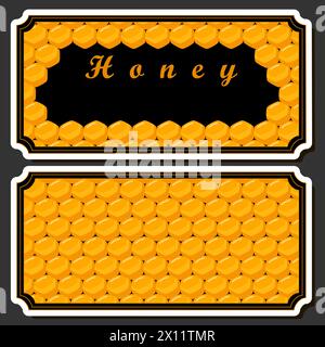 Illustration on theme for label of sugary flowing down honey in honeycomb with bee, label consisting from kit sticky honey at honeycomb off bee, honey Stock Vector