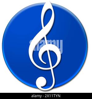 White treble clef sign on a blue glassy button isolated over white background, music icon vector illustration Stock Vector