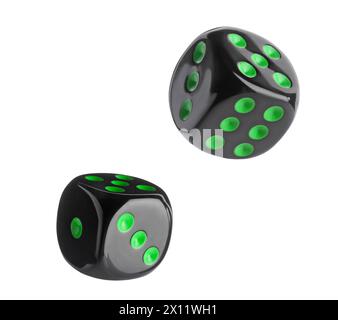 Two black dice in air on white background Stock Photo