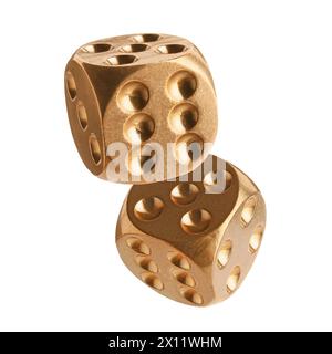 Two golden dice in air on white background Stock Photo