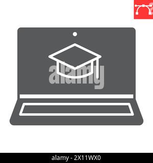 Distance learning glyph icon, e-learning and online education, studying with laptop vector icon, vector graphics, editable stroke solid sign, eps 10. Stock Vector