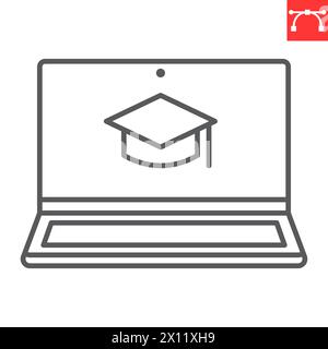Distance learning line icon, e-learning and online education, studying with laptop vector icon, vector graphics, editable stroke outline sign, eps 10. Stock Vector