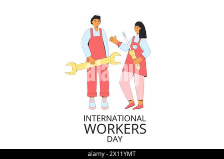 International workers day banner template. Two characters construction with repair equipment. isolated on white background. Man and woman with screwdr Stock Vector