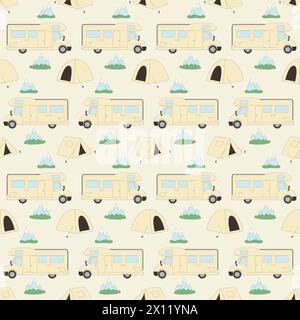 Camping seamless pattern. Van with tents endless background. Forest and mountain tourism repeat decoration. Vector flat outline illustration. Stock Vector