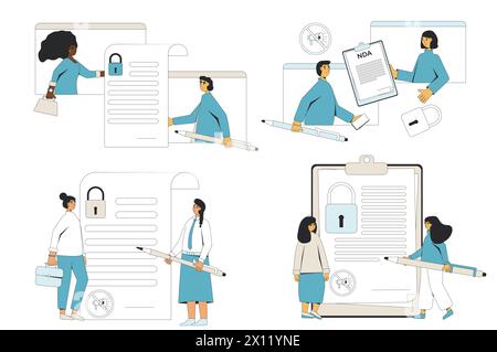 NDA concepts collection. Signing business confidentiality paper set. Job offer. Business deal. Non disclosure agreement. Contract between employee and Stock Vector
