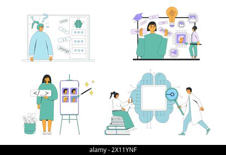 Artificial general intelligence research and prompt engineering set. AGI engineer and coder neuron network collection. Crafting instructions to genera Stock Vector