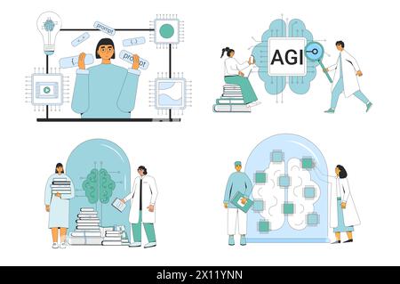 Artificial general intelligence research and prompt engineering set. AI engineer and coder neuron network and technology mind collection. Computer sci Stock Vector