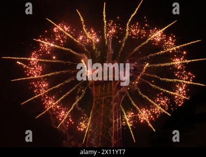 Fireworks at the top of the Eiffel tower Stock Photo