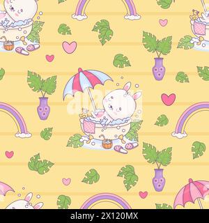 Seamless pattern with bunny rests in bubble bath under sun umbrella on yellow background with rainbow and tropical leaves. Cute funny kawaii animal ch Stock Vector