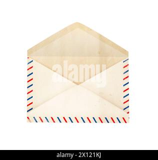 Font view of blank vintage aged opened letter paper envelope with striped edges. Isolated on white background Stock Photo