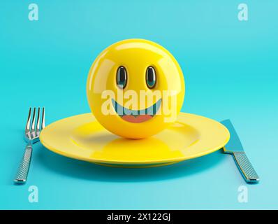 Smilie face emoji on plate with fork and knife 3d render happy Stock Photo
