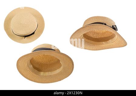 Straw hat with black bow isolated on white background. Stock Photo