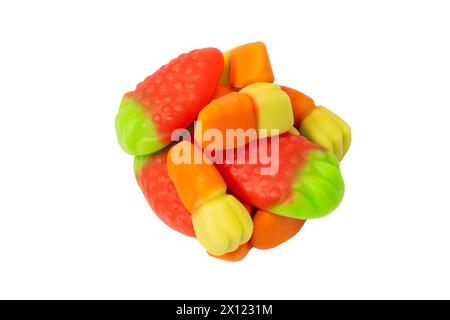 Assorted colorful gummy candies isolated on a white background. Top view. Jelly  sweets. Stock Photo