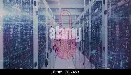 Image of security padlock icon and mathematical equations against ...