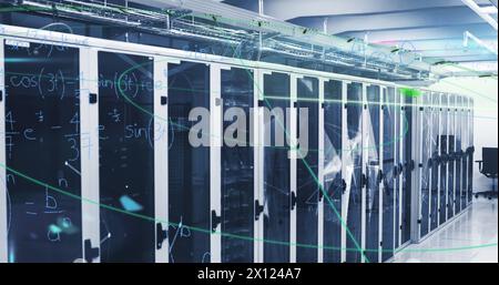 Image of question marks and data processing over server room Stock Photo
