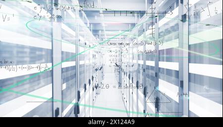 Image of mathematical equations against light trails over computer server room Stock Photo