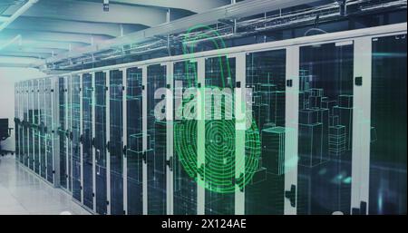 Image of security padlock icon over 3d city model spinning against computer server room Stock Photo