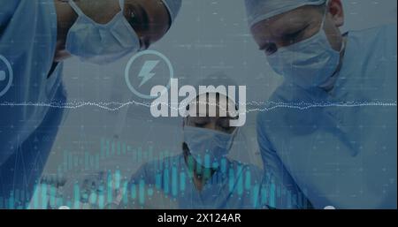 Image of rotating dna over caucasian female anesthesiologist using smartphone Stock Photo