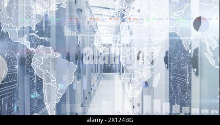 Image of world map with data processing over server room Stock Photo