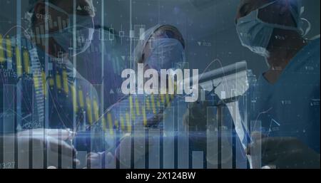 Image of statistical data processing over team of surgeons performing operation at hospital Stock Photo