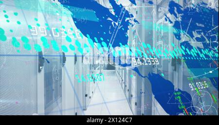 Image of mathematical equations and data processing over server room Stock Photo